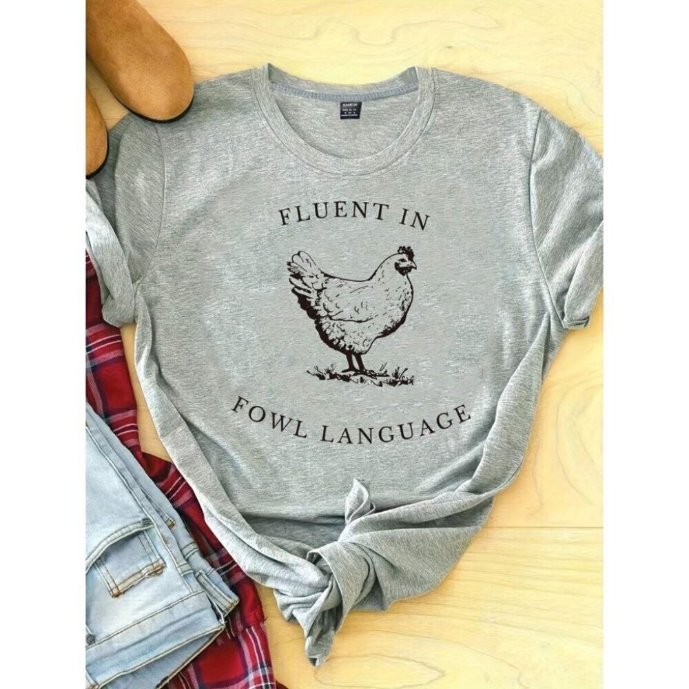 INAWLY Rooster & Letter Printed Short Sleeve Round Neck T-Shirt Graphic Tees